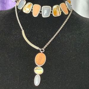 Abalone wood stone necklace silvertone bracelet
